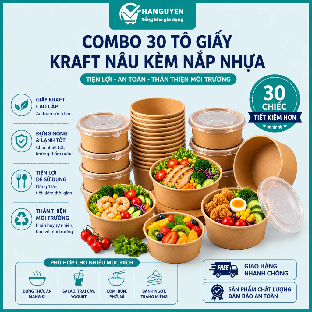 Combo 30 tô giấy Kraft nâu kèm nắp nhựa PP mờ, đựng thực phẩm nóng lạnh và mang đi tiện lợi