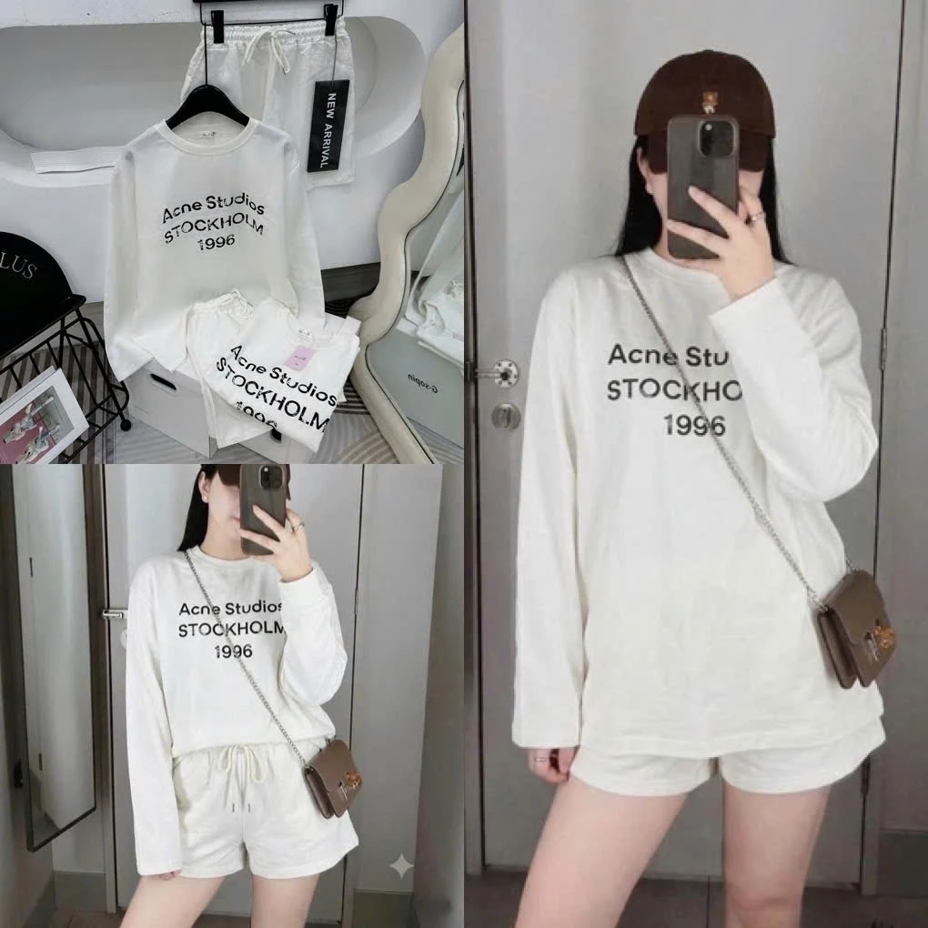 Set Bộ Đồ Nữ Nilen Xước Áo Dài Tay Cổ TRòn In Chữ Acne Studios Mix Quần Sooc Đùi Ống Rộng
