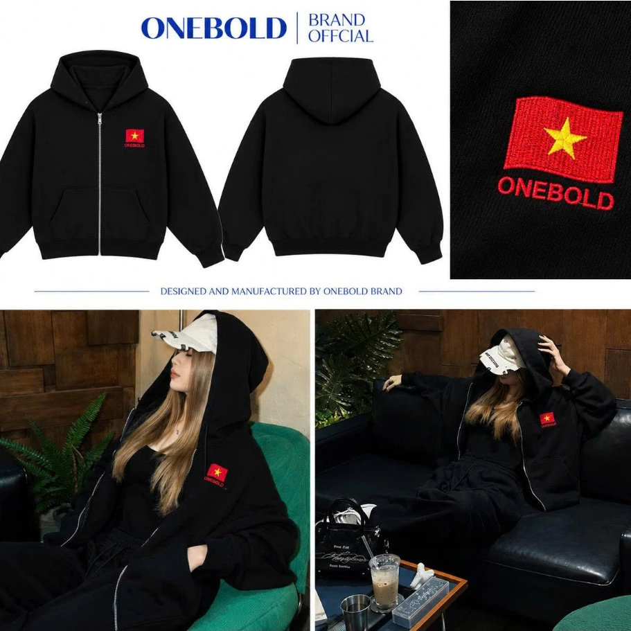 Áo Khoác HOODIE ZIP "THÊU LÁ CỜ" Brand ONEBOLD, Áo Khoác Nỉ Chân Cua 400gsm Form Rộng BOXY_ Nón To Không xù