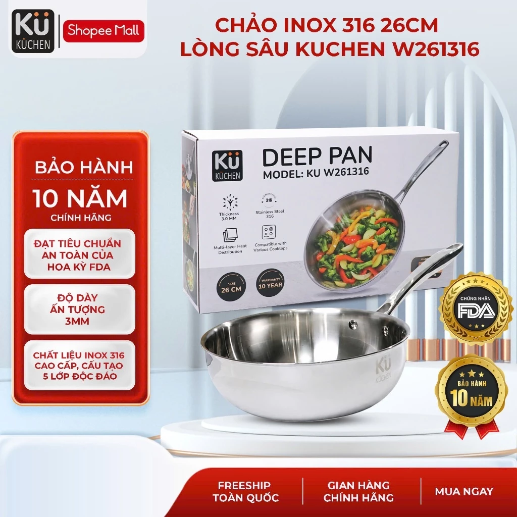 Chảo inox 316 sâu lòng (FDA) KUCHEN KU W261316 size 26cm - Bảo hành chính hãng 10 năm