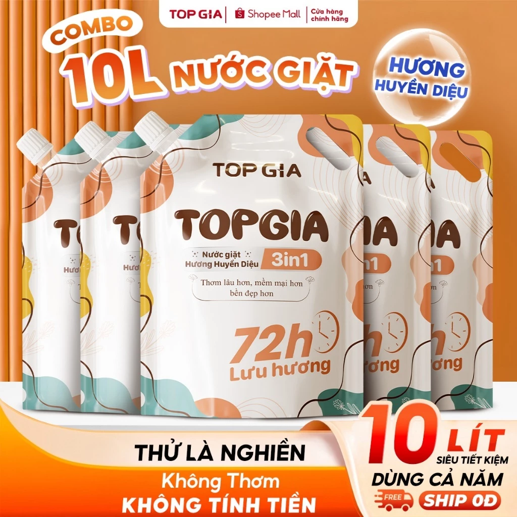 [COMBO 10L] Nước Giặt Xả TopGia 3in1 Hương Huyền Diệu Túi 2L, An Toàn Dịu Nhẹ, Lưu Hương Bền Lâu 72H