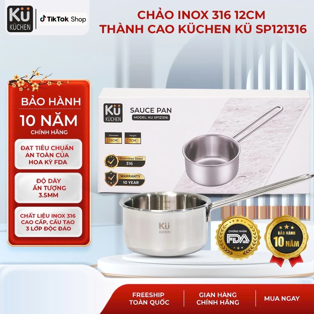 Chảo Inox 316 cao cấp size 12cm thành cao Kuchen KU SP121316 - Bảo hành 10 năm