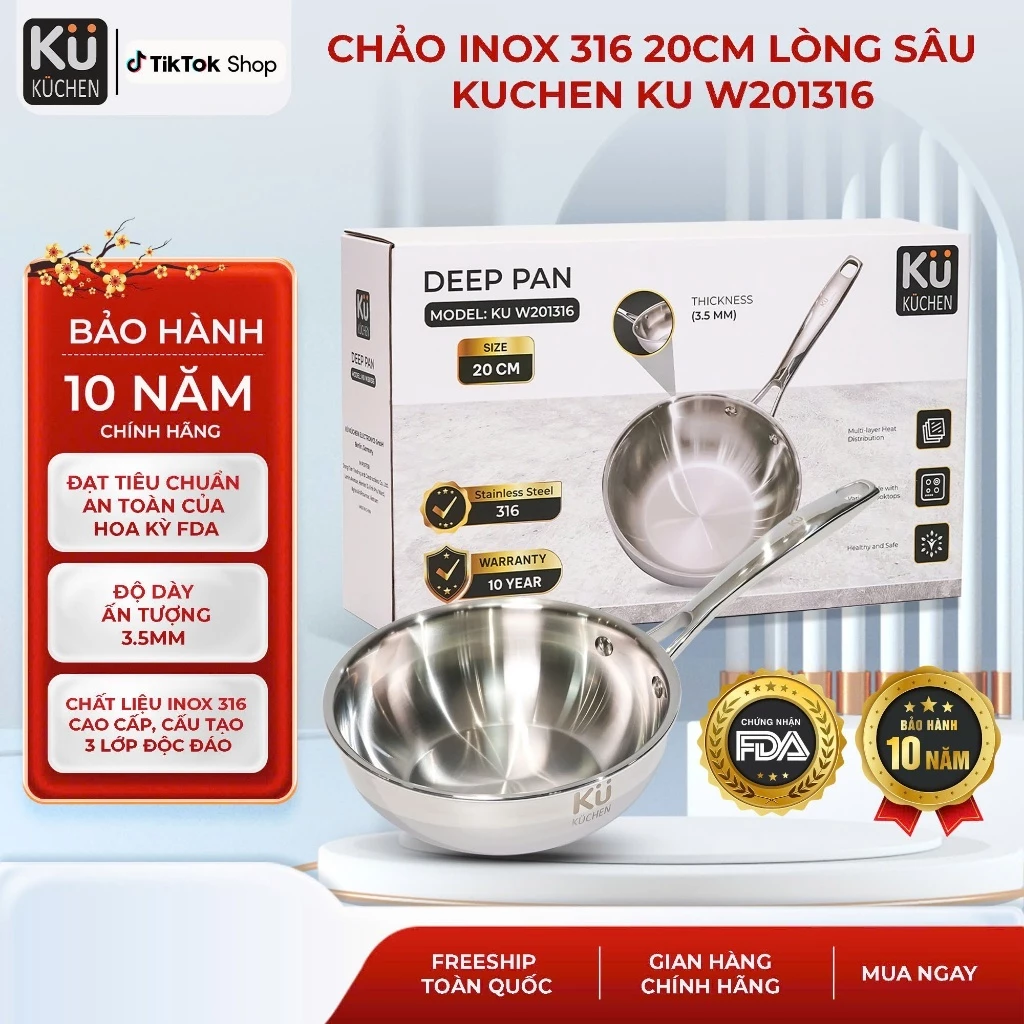 Chảo inox 316 sâu lòng KUCHEN KU W201316 size 20cm - Bảo hành chính hãng 10 năm