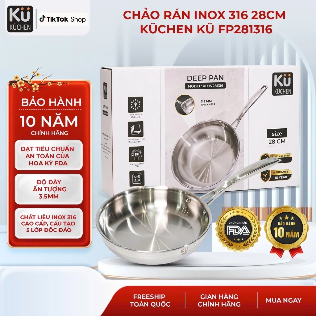 Chảo rán inox 316 size 28cm cao cấp KUCHEN KU FP281316 - Bảo hành 10 năm