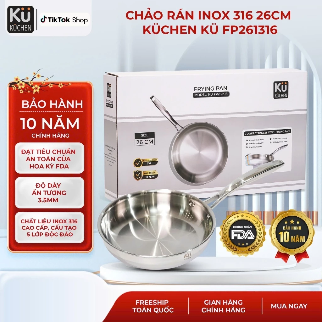 Chảo rán inox 316 size 26cm lòng cạn KUCHEN KU FP261316 - Bảo hành 10 năm