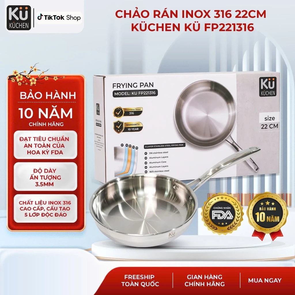 Chảo rán inox 316 size 22cm lòng cạn KUCHEN KU FP221316 - Bảo hành 10 năm
