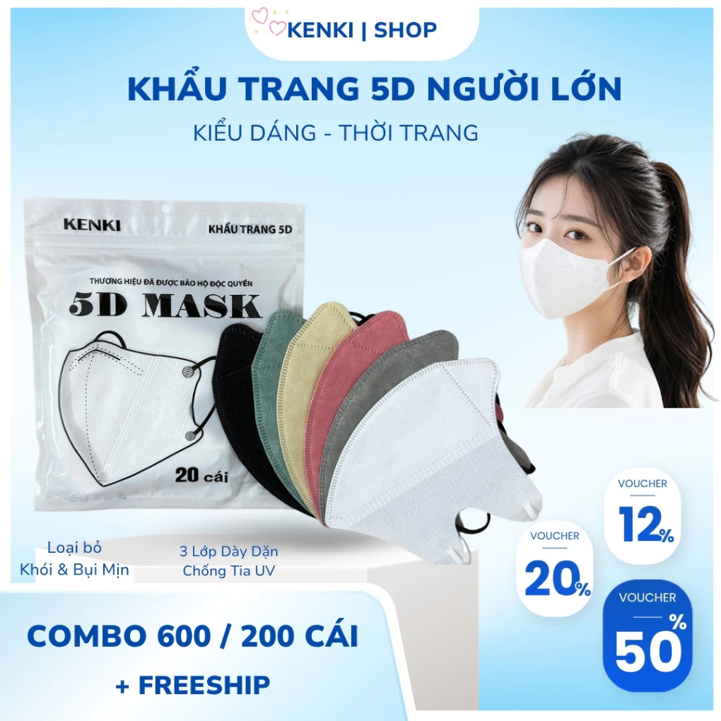 [ Độc Quyền SVIP] Combo 600 Cái Khẩu Trang 5D KENKI Chính hãng kháng khuẩn cao cấp, Chống tia UV