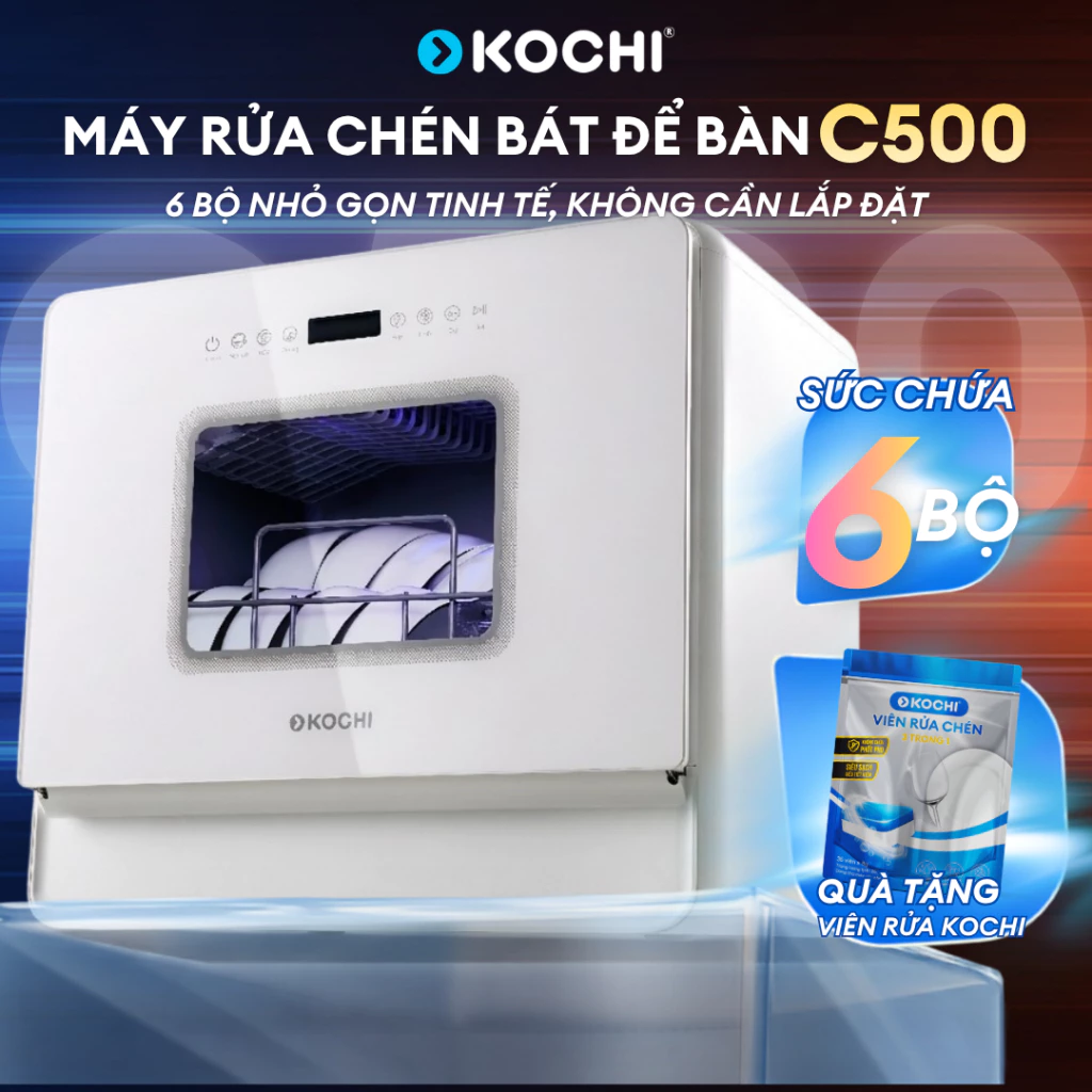 Máy rửa chén bát để bàn KOCHI C500 - Sức chứa 6 bộ - Không cần lắp đặt - 5 chương trình rửa - Rửa nước nóng 75°C - Sấy P