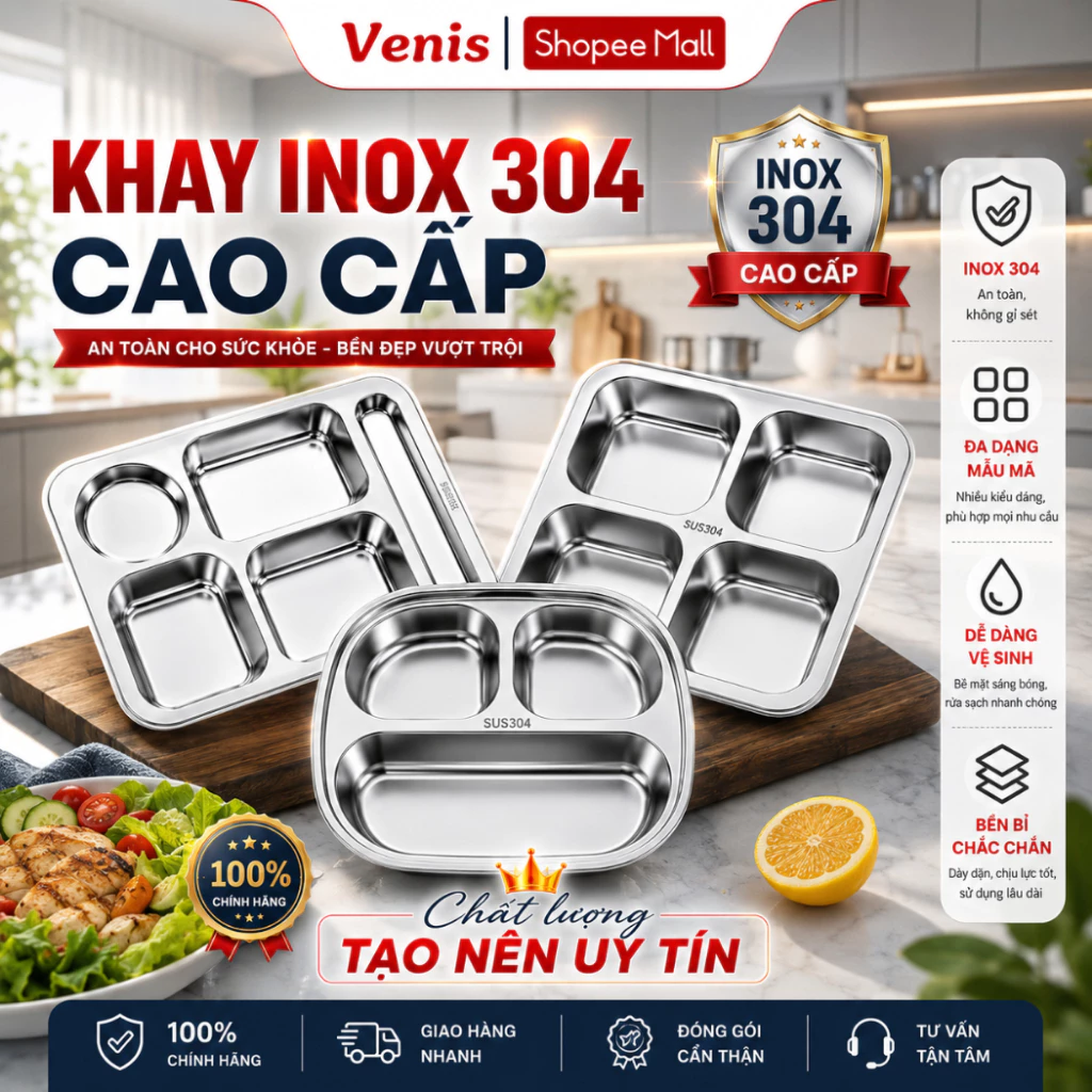 [NNN] Khay Cơm Inox 304 Chia Ngăn Sâu Lòng, Khay Đựng Cơm Nhiều Ngăn Cao Cấp An Toàn Tiện Lợi