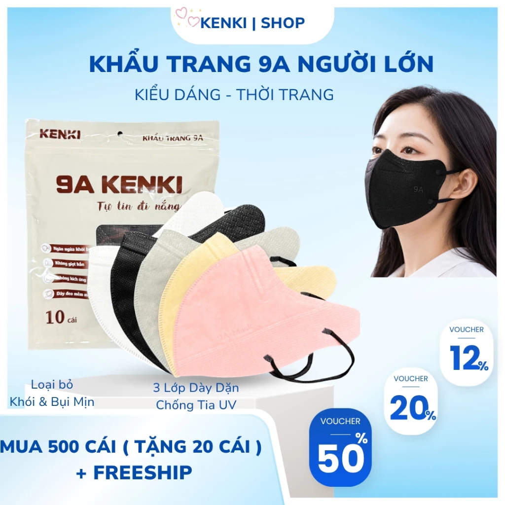 [500 Tặng 20 Cái] Khẩu Trang 9A KENKI Chính Hãng 5 lớp dày dặn chống Nắng & tia UV(45kg- 90kg)