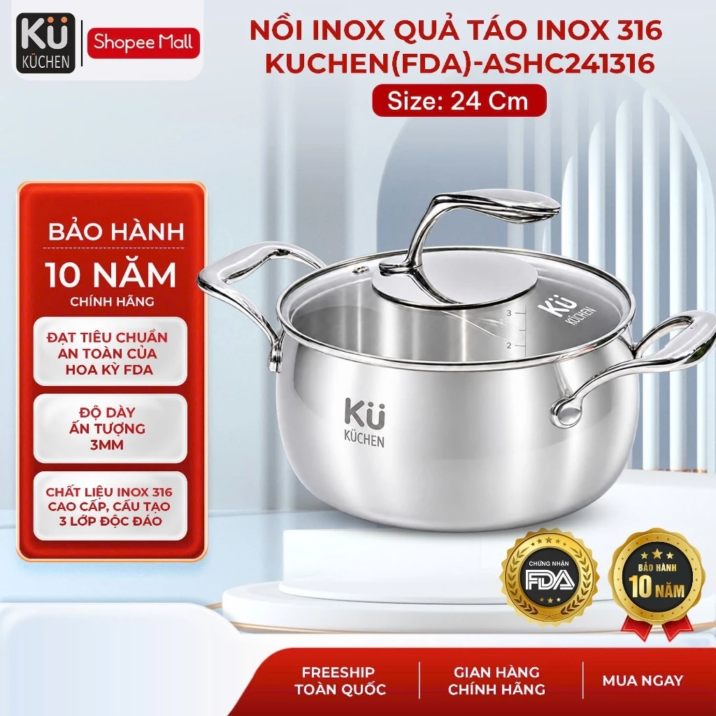 Nồi inox 316 quả táo (Đạt chuẩn FDA - Hoa kỳ) Size 20-24 cao cấp KUCHEN- BẢO HÀNH 10 NĂM