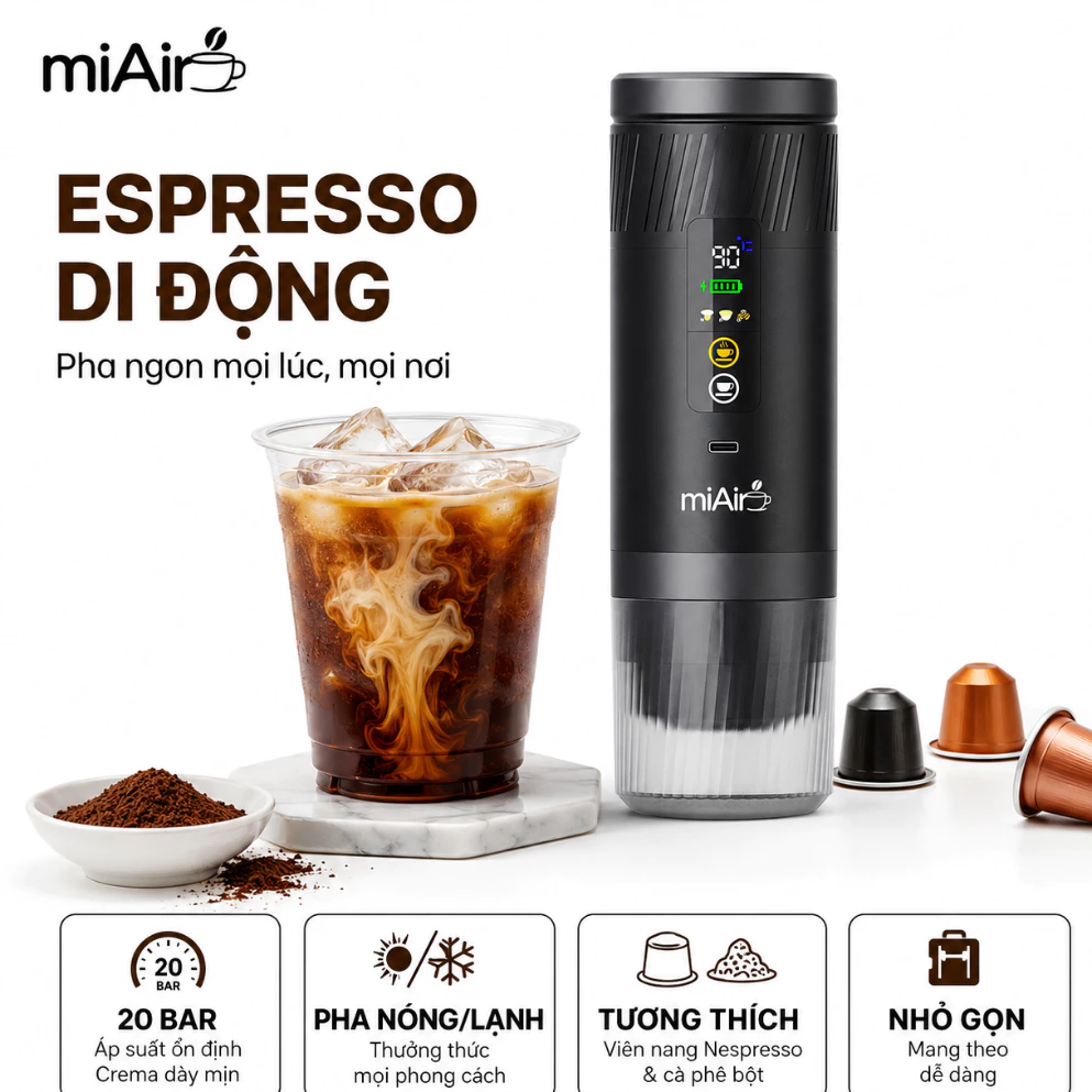 Máy Pha Cà Phê Espresso Cầm Tay miAir, Dùng Viên Nén Và Bột, Áp Suất 20bar, Màn LED, Gia Nhiệt 90°C