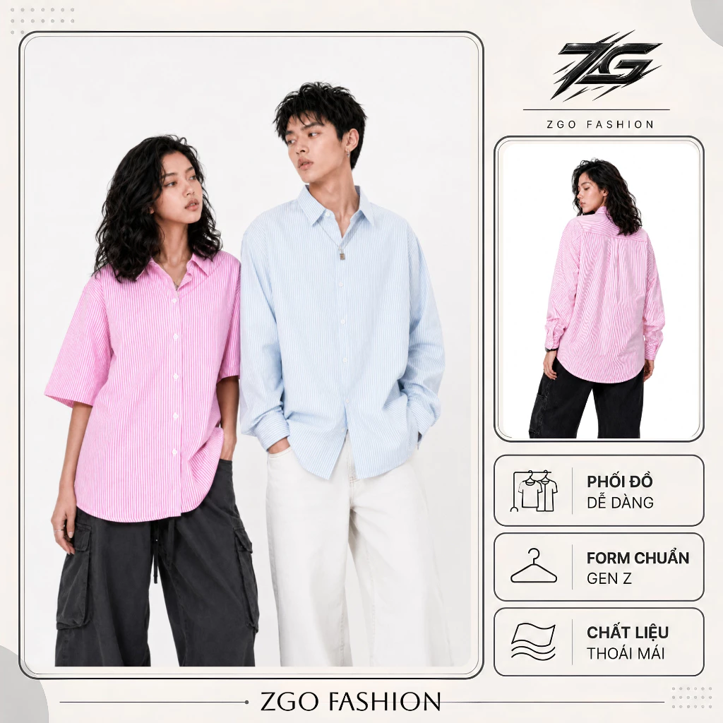 Áo sơ mi kẻ sọc nữ ZGO họa tiết kẻ sọc form unisex vải dày dặn 3 màu xanh, hồng, xám AKS10