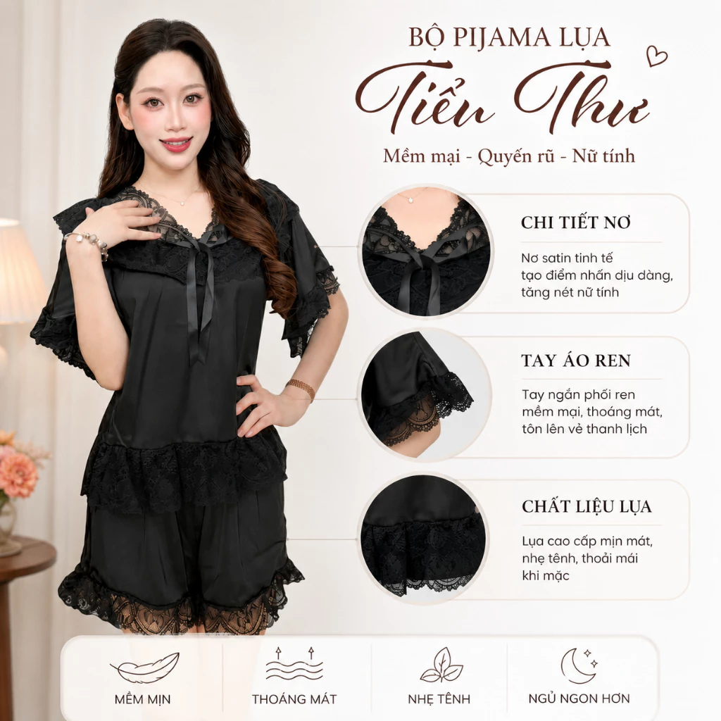 BỘ ĐỒ NGỦ NỮ LỤA LATIN HHD06 PHỐI CỔ NƠ, TAY REN QUẦN NGẮN MẶC THOÁNG MÁT PHONG CÁCH TIỂU THƯ