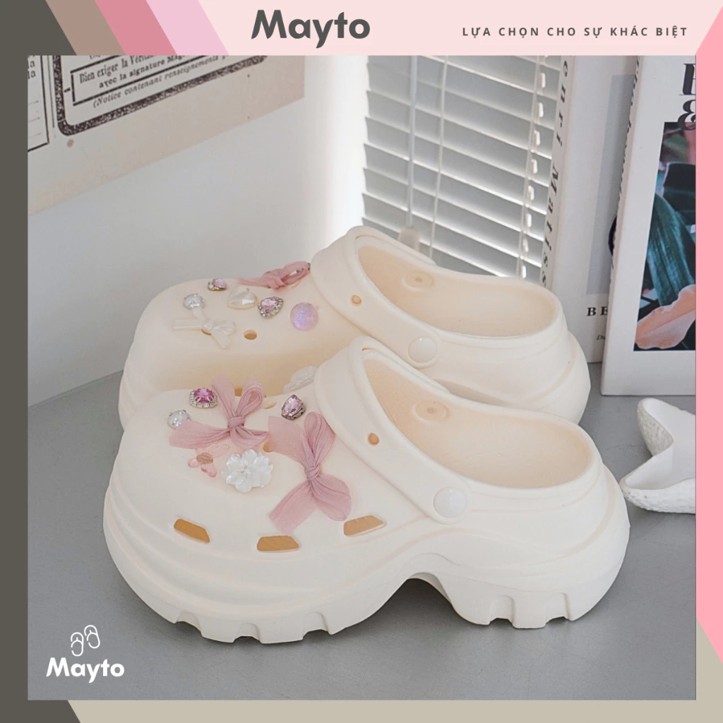 [FULL BOX] Dép nữ, dép sục Mayto đế cao 7cm Lucky V2 kèm charm Nơ voan ruby dễ thương CS-306