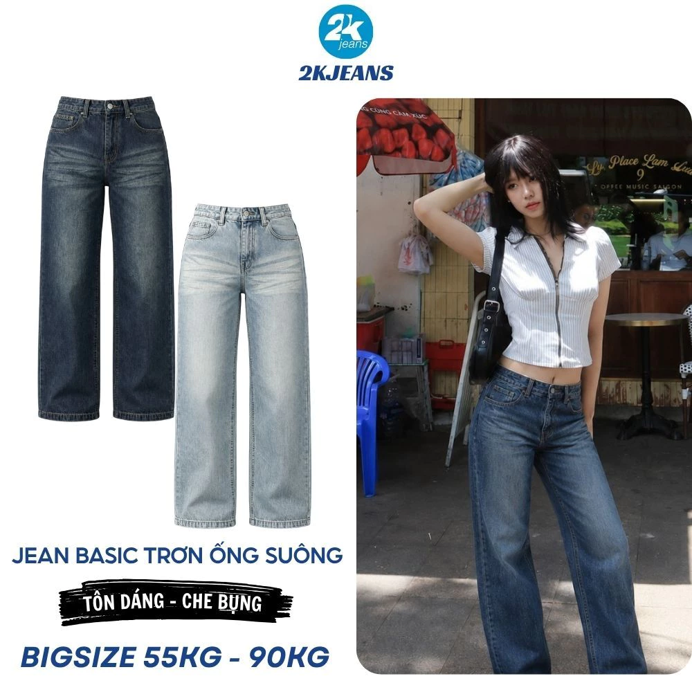 [DEAL SỐC] Quần Jean Nữ Bigsize QC634 Ống Suông Rộng Form Trơn Basic Cạp Cao 55-85kg 2KJEANS