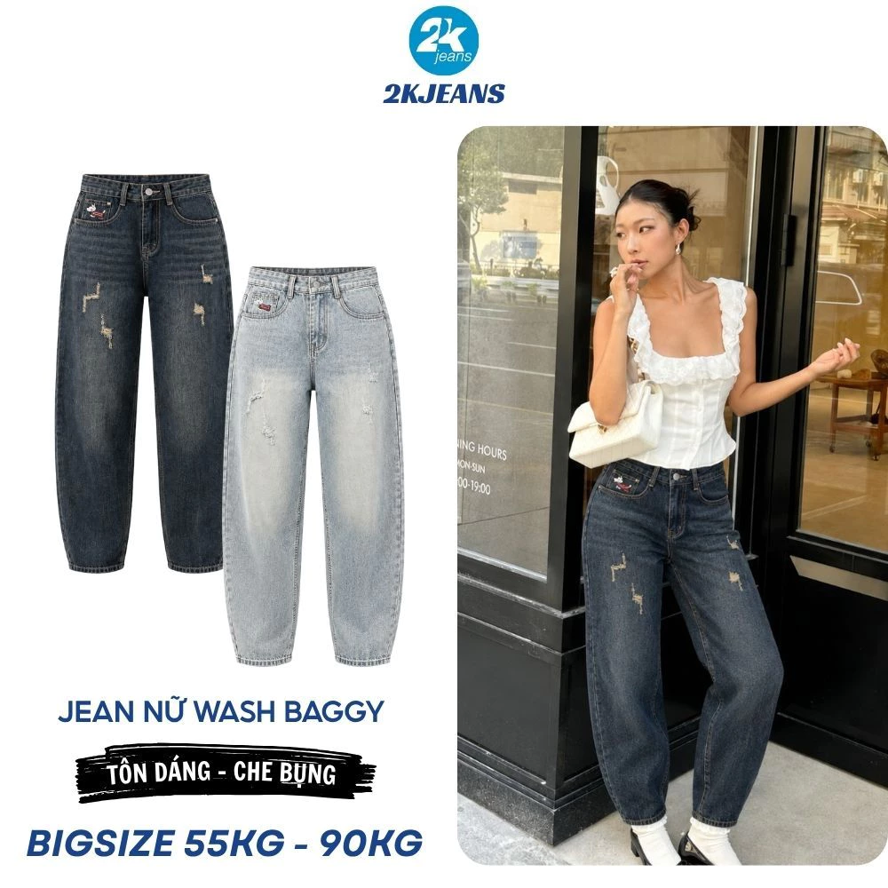 [DEAL SỐC] Quần Jean Nữ Bigsize QC633 Cạp Lưng Chun Wash Xước Nhẹ Form Baggy 55-85kg 2KJEANS