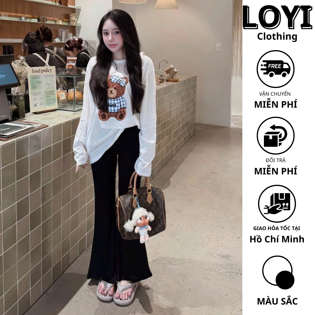 [Hỏa Tốc] Set Nữ Áo Thun Mỏng Tay Dài + Quần Ống Loe Cạp Cao, Set Đồ Nữ Thanh Lịch Đi Học, Đi Làm