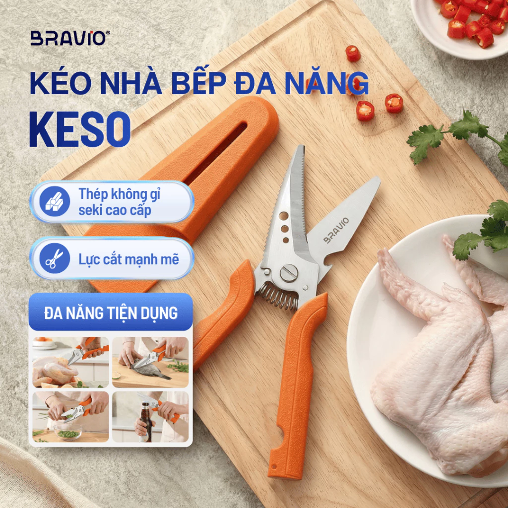 Kéo nhà bếp đa năng Bravio Keso thép không gỉ cao cấp kéo cắt gà xương cá