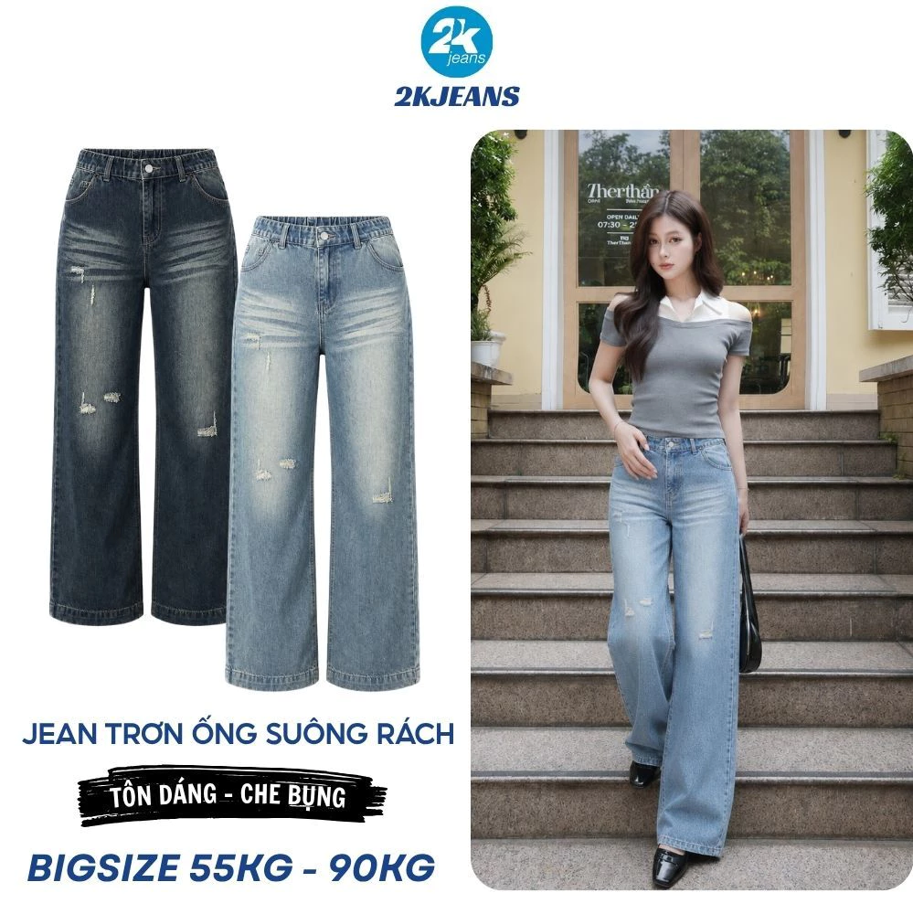[DEAL SỐC] Quần Jean Nữ Bigsize QC635 Ống Suông Rộng Cạp Chun Xước Rách Nhẹ 55-85kg 2KJEANS