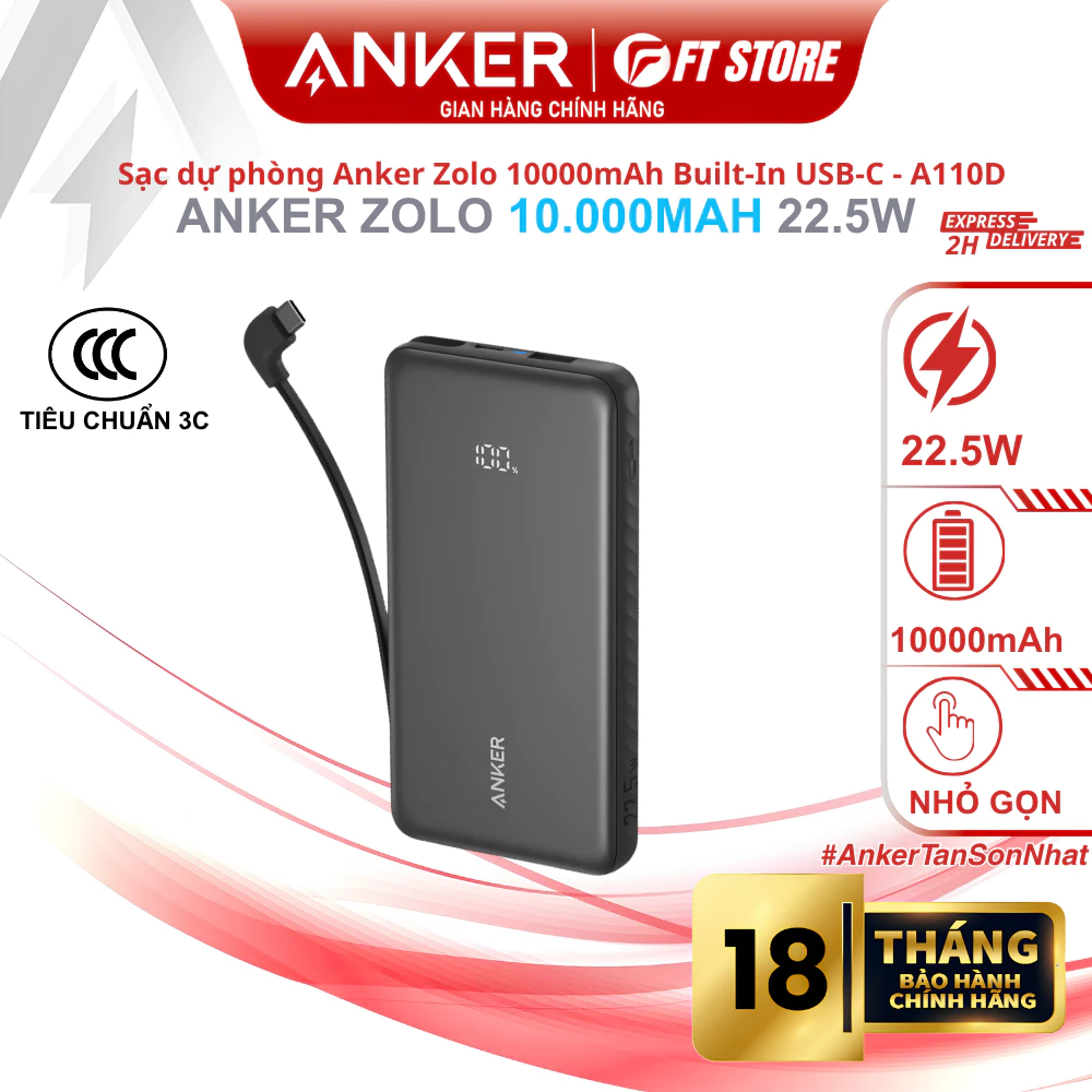 Pin Dự Phòng Anker Zolo 22.5W 10000mAh - A110D Tích hợp cáp type C, đèn Led hiển thị pin, nhỏ gọn