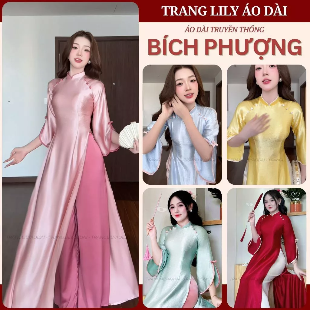 Áo dài PHƯỢNG BÍCH, lụa titan ánh gương, hai tà, 1 lớp, áo dài giáo viên, dáng truyền thống, tay xẻ - TrangLily