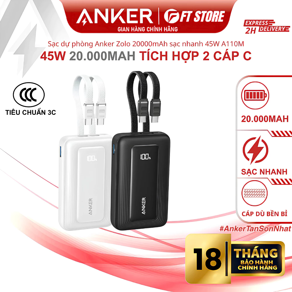 Sạc dự phòng Anker Zolo 20000mAh 45W - A110M tích hợp hợp 2 cáp Type C, màn hình led hiển thị pin