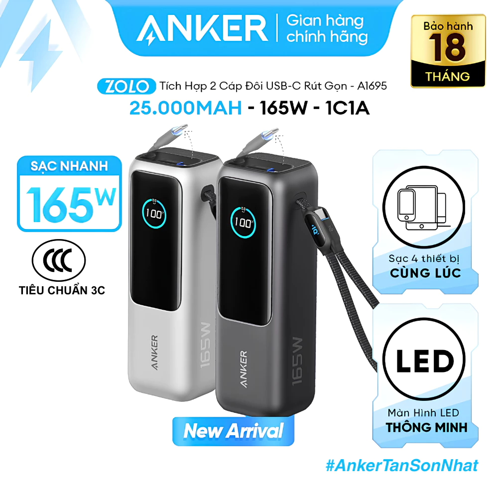 Pin dự phòng Anker Zolo Power Bank 25000mAh A1695 công suất 165W, cáp USB-C tích hợp có thể thu gọn