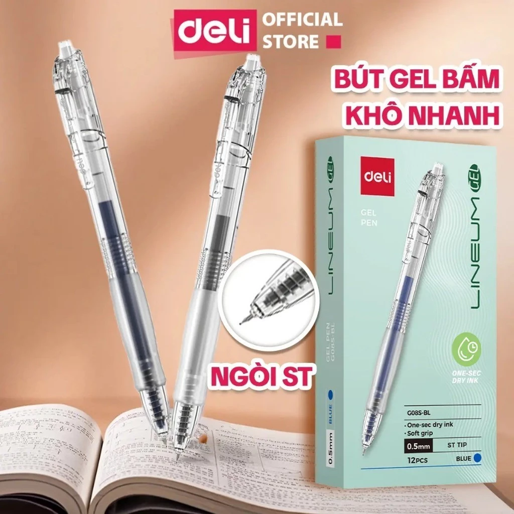 [🔥GIÁ SỐC] Hộp 12 bút gel bấm ngòi ST EG08S Deli khô nhanh 1s thiết kế đệm tay êm ái cho học sinh văn phòng