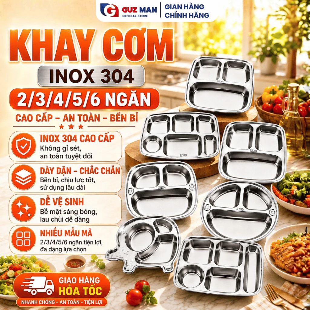Khay Cơm Inox 304 Sâu Lòng 2/3/4/5/6 Ngăn - Khay Ăn Chia Ngăn Phong Cách Hàn Quốc, An Toàn Sức Khỏe