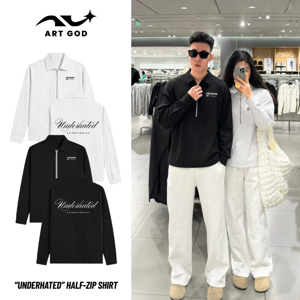 Áo Sơ Mi Tuytsi Kẻ Sọc "UNDERHATED" Cổ Half-zip Khóa Kéo Form Crop Unisex Nam Nữ ARTGOD HMA140