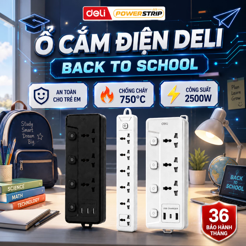[🔥DEAL HOT] Ổ Cắm Điện Deli Mới 2026, Ổ Cắm Điện Đa Năng Nhiễu Lỗ Cắm Kết Hợp Cổng USB/ TypeC Sạc Nhanh Màu Đen Trắng