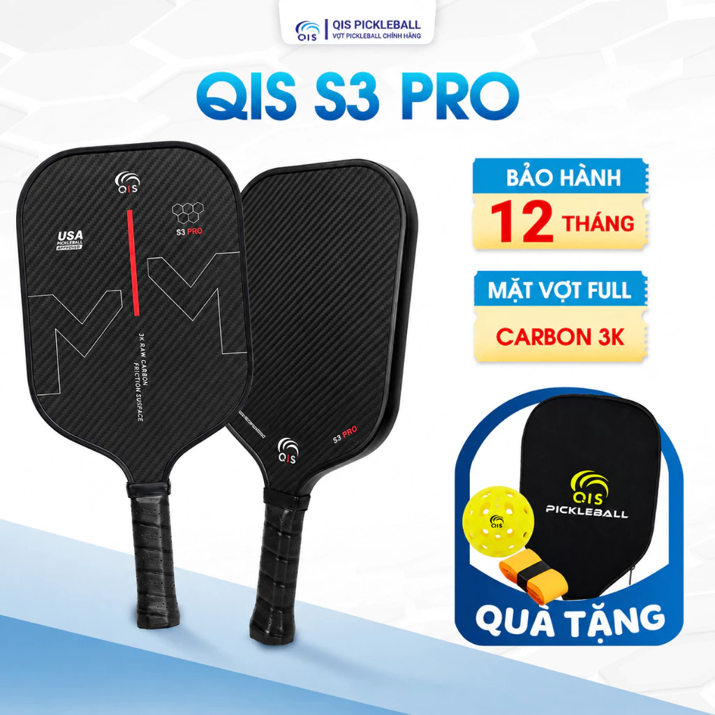 Vợt Pickleball QIS S3 Pro Carbon 3K Chính Hãng - Mặt Nhám Tăng Xoáy, Kiểm Soát Tốt, Dễ Đánh
