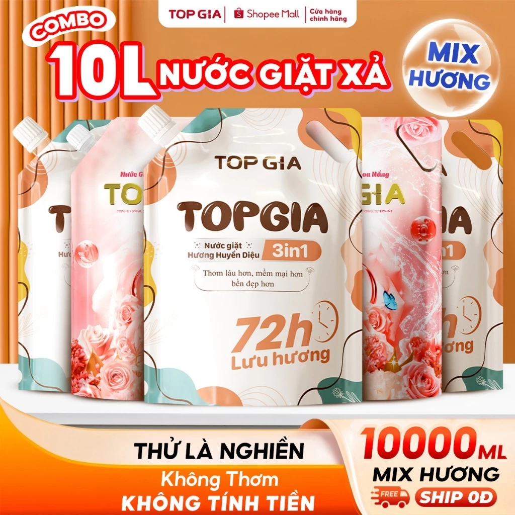 [COMBO 10L MIX] Nước Giặt Xả TopGia 3in1 Hương Huyền Diệu & Hoa Nắng Dịu Nhẹ Túi 2L, Thơm Lâu 72H