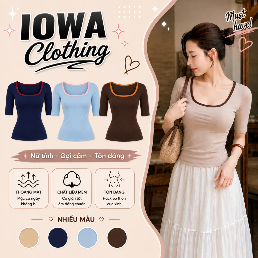 [MỞ BÁN] Áo Thun Nữ Cổ Vuông Tay Lỡ Phối Viền Ôm Body IOWA DD58 - Chất Borip Lụa Co Giãn 4 Chiều Tôn Dáng