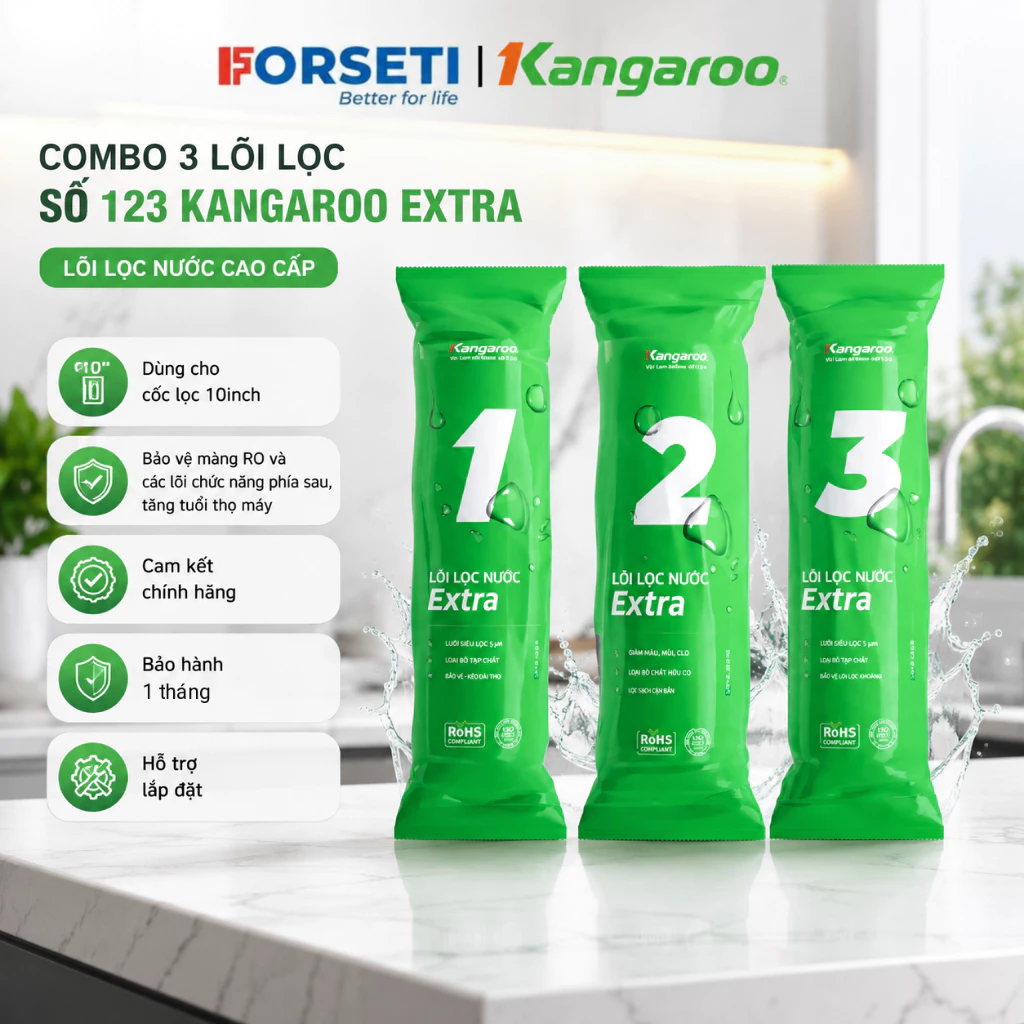 Bộ 3 Lõi Lọc Nước Kangaroo Extra 123 Chính Hãng – Lõi Thô Số 1 2 3 Cho Máy Lọc Nước RO
