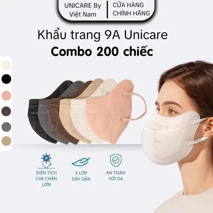 [LIVE KOC] COMBO 200 chiếc Khẩu Trang 9A UNICARE chống Nắng Toàn Diện Dày Dặn 5 lớp Che Kín Mặt