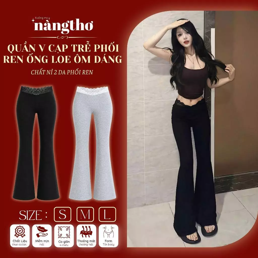 1302 Quần Nữ Cạp V Trễ Phối Ren Mịn Ống Loe Ôm Dáng Chất Nỉ 2 Da QC