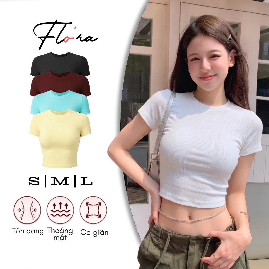 Áo Croptop TAY NGẮN CỔ TRÒN TRƠN Thun Gân CR66, Áo Thun Ôm Body Kiểu Basic Nữ Đẹp Tôn Dáng Flo'ra