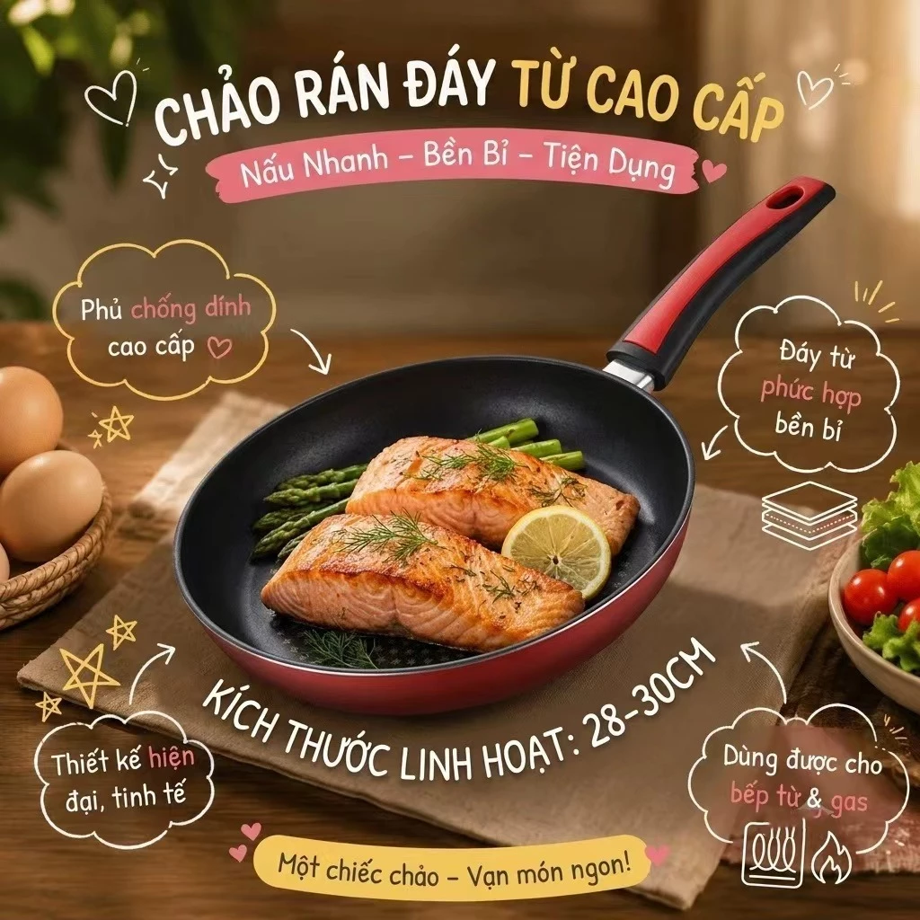 Chảo chống dính bếp từ vân kim cương 28/30cm phù hợp mọi loại bếp trong gia đình, bảo hành 1 đổi 1