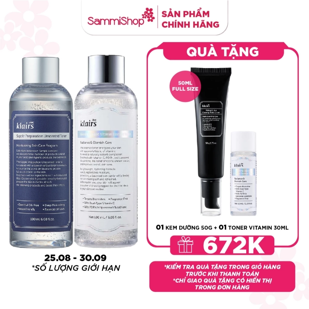[MUA COMBO TẶNG FULL SIZE] Combo Dear, Klairs nước hoa hồng Supple Preparation Unscented & Freshly Juiced Vitamin 180ml