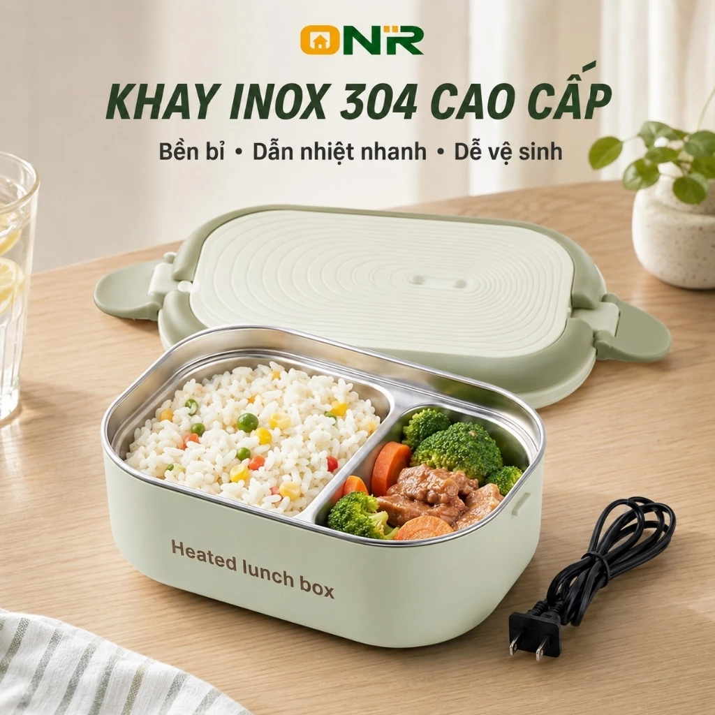 Hộp Cơm Cắm Điện ONR 1200ML Inox 304, 2 Ngăn, Hâm Nóng Không Cần Thêm Nước Cho Văn Phòng