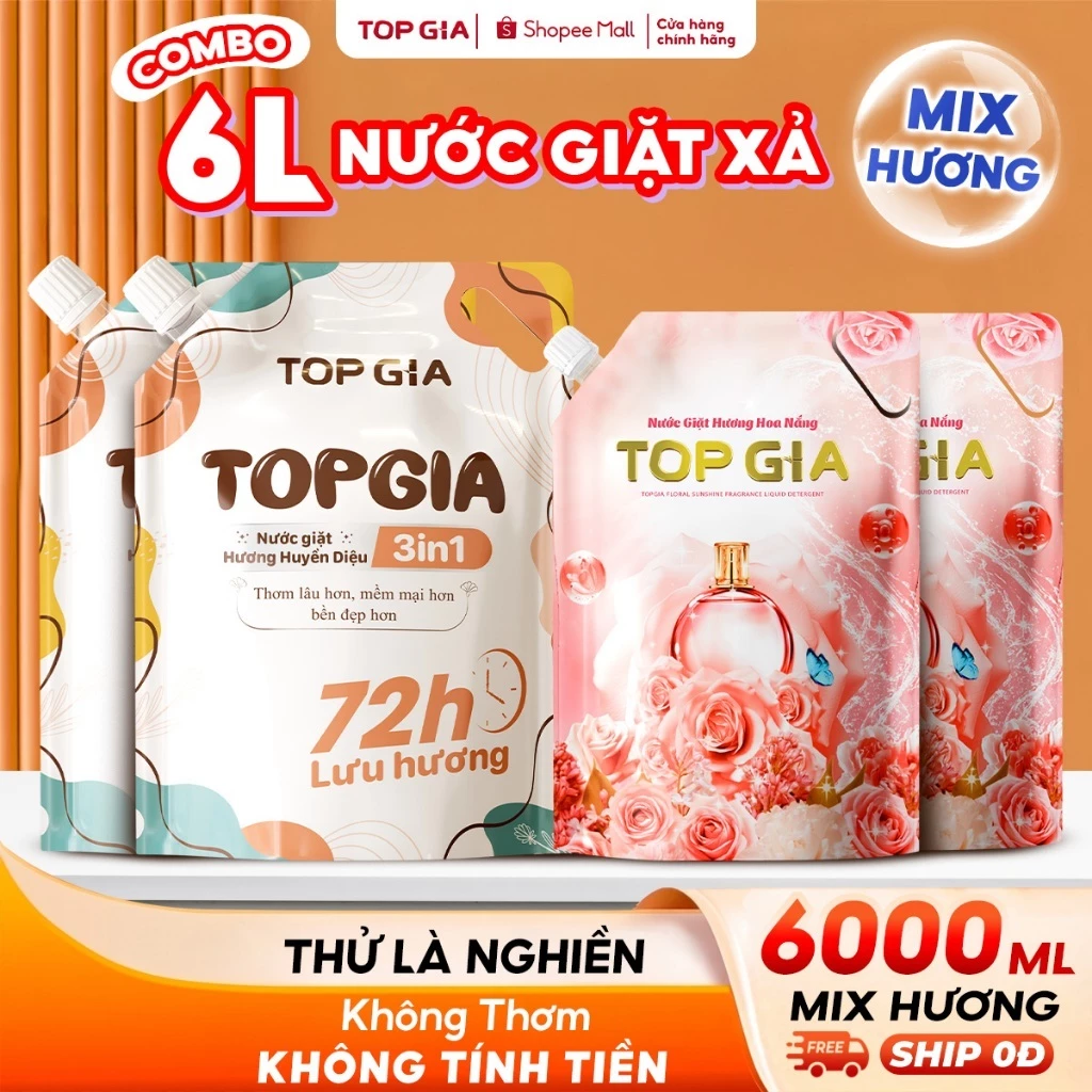 [COMBO 6L MIX] Nước Giặt Xả TopGia Hương Huyền Diệu & Hoa Nắng Thơm Vượt Trội, Sạch Khuẩn Túi 2L, 1L