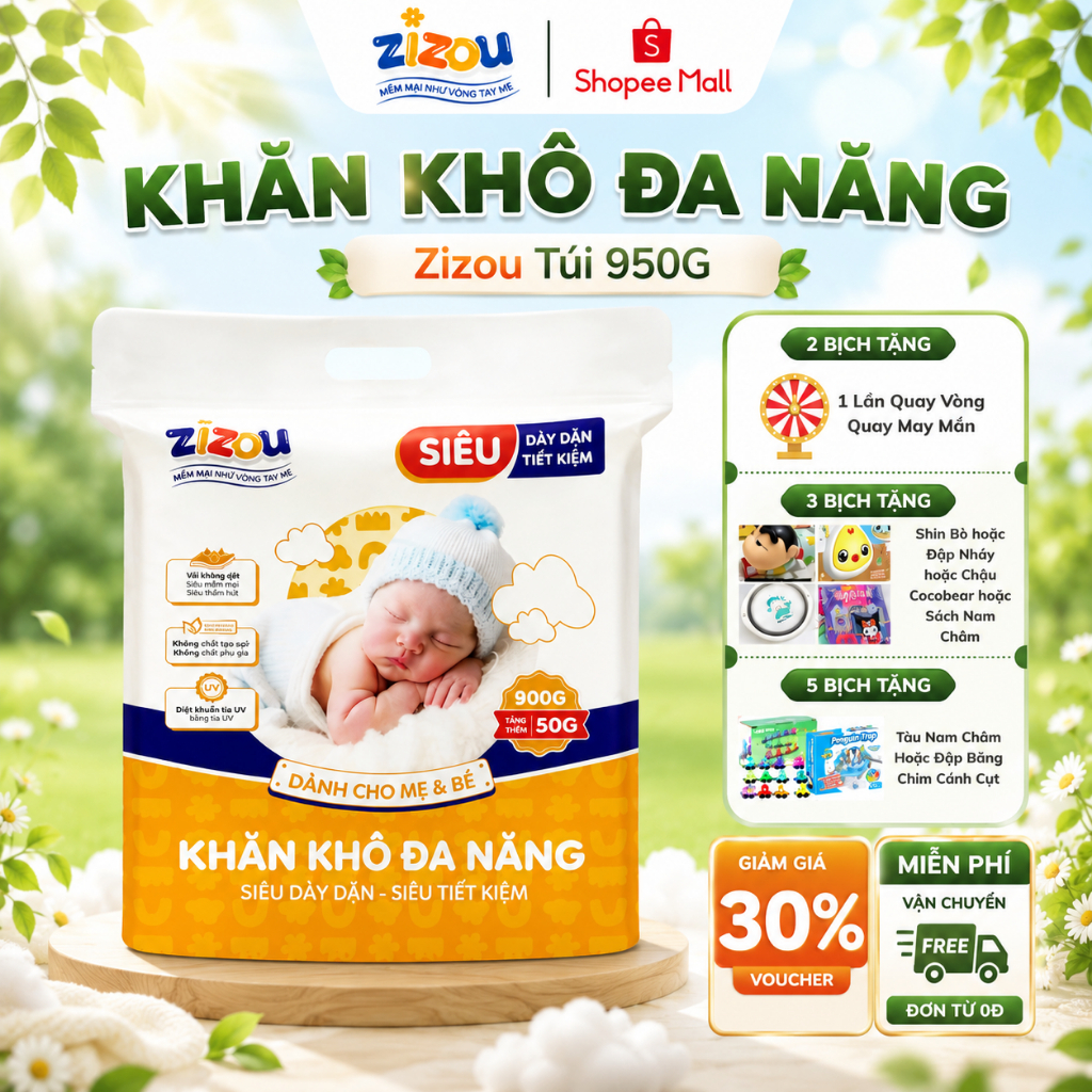 Khăn Vải Khô Đa Năng ZIZOU 950g(~640 tờ) Mặt Chấm Bi Dày Dặn Vải Không Dệt…