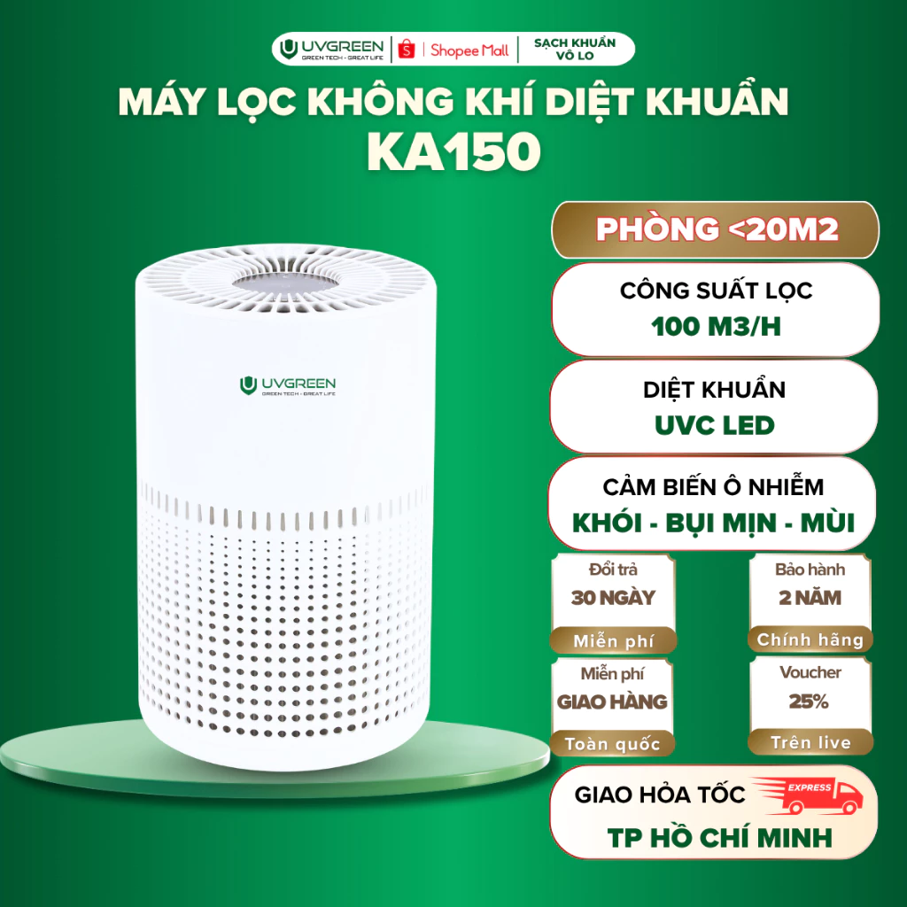[HO] Máy Lọc Không Khí Bụi Mịn UVGREEN KA150 20m2, HEPA H13 Lọc Bụi Mịn, Diệt Khuẩn UVC Led, BH 24T