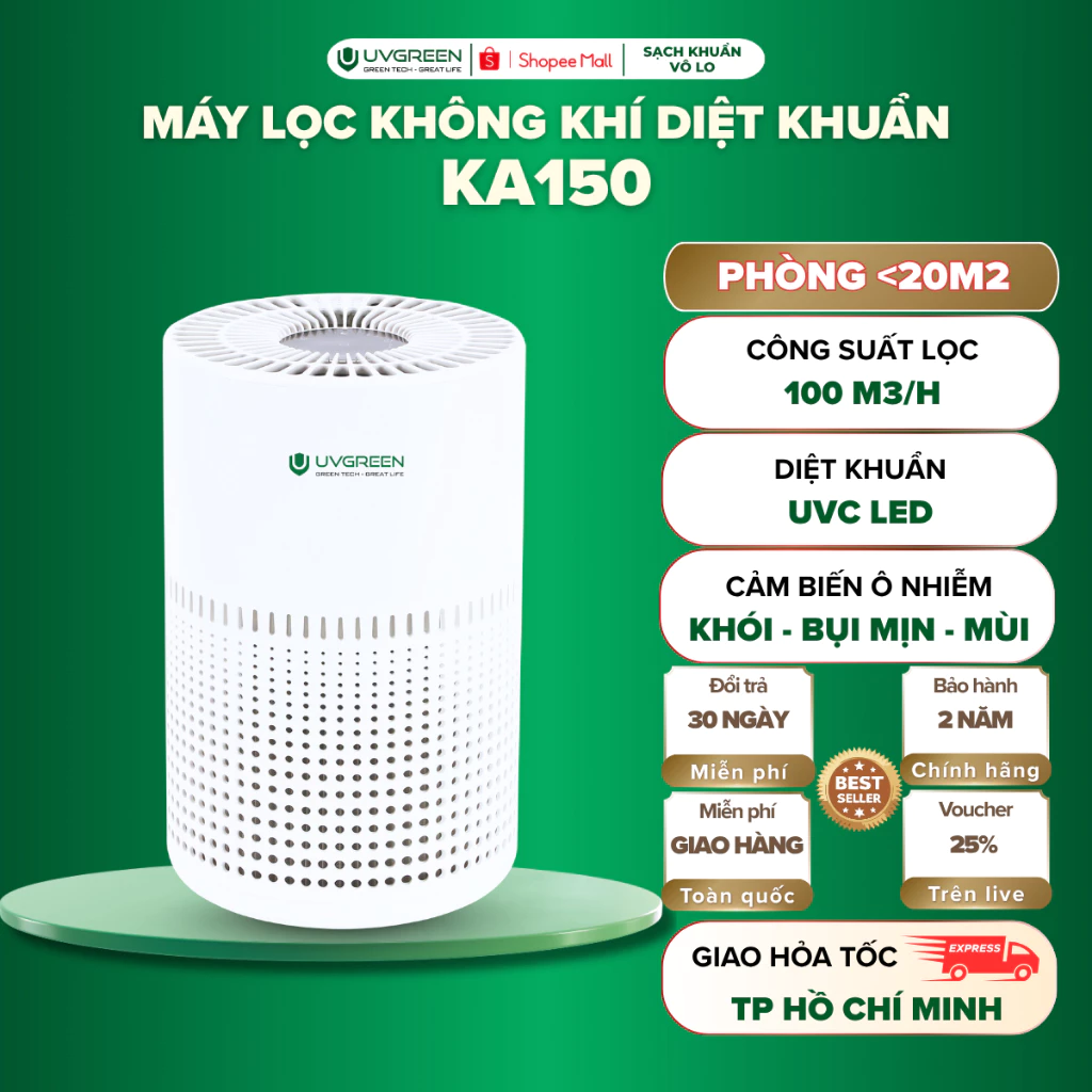 Máy Lọc Không Khí Diệt Khuẩn UVGREEN KA150 20m2, HEPA H13 Lọc Bụi Mịn, UVC Led Diệt Khuẩn, BH 24T