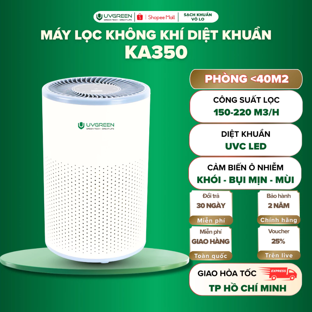 [VHL] Máy Lọc Không Khí Diệt Khuẩn UVGREEN KA350 Standard 40m2, Lọc Bụi Mịn, Công Nghệ UVC Led