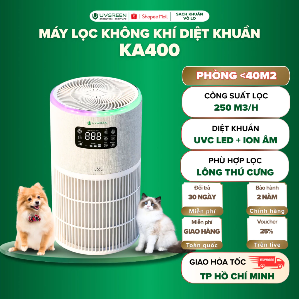 [VHL] Máy Lọc Không Khí Cho Thú Cưng UVGREEN KA400 40m2, UVC LED & Ion Âm Diệt Khuẩn, Lọc Bụi Mịn
