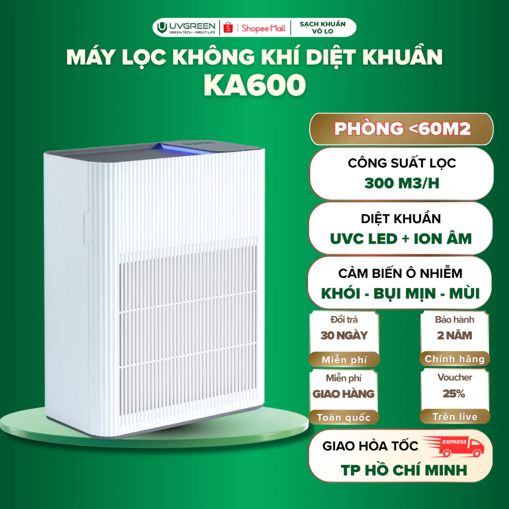 [KOL] Máy Lọc Không Khí Diệt Khuẩn UVGREEN KA600 60m2, Công Nghệ UVC Led & ION Âm, Lõi Lọc HEPA H13