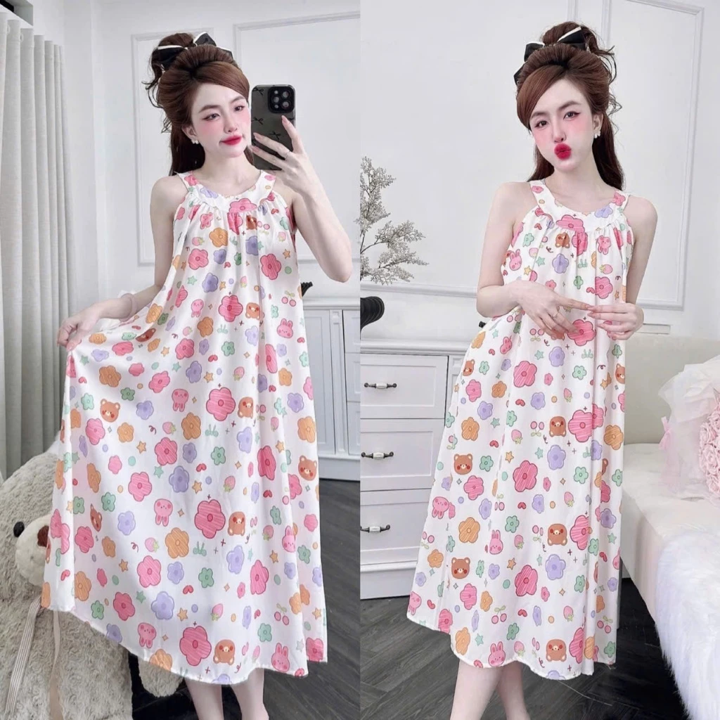 ( 40- 75kg)- Đầm Mặc Nhà Nữ Lụa Mềm Hoa Nhí Cổ Tàu Thoáng Mát Mã E